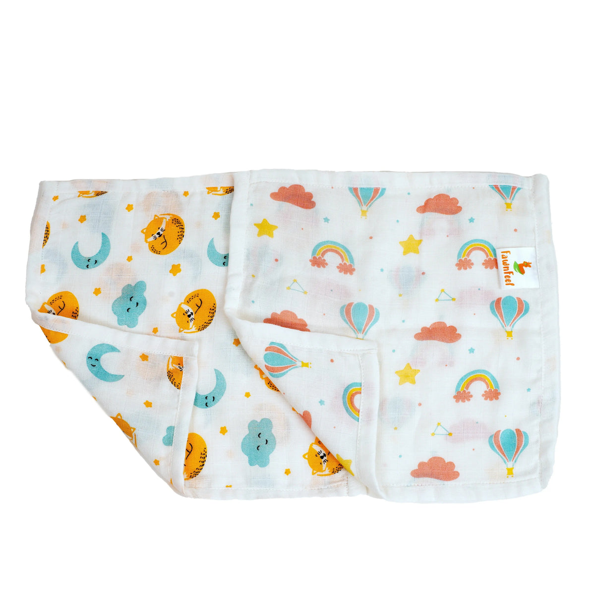 Combination Of Cat And Moon Print And Rainbow Print Square Wash Cloth (Pack of 2)