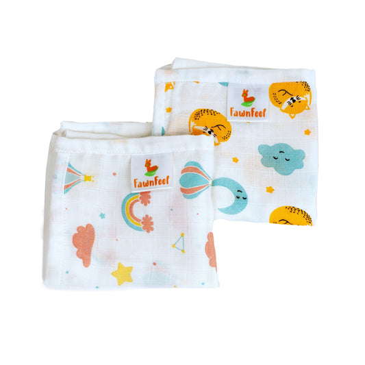 Combination Of Cat And Moon Print And Rainbow Print Square Wash Cloth (Pack of 2)