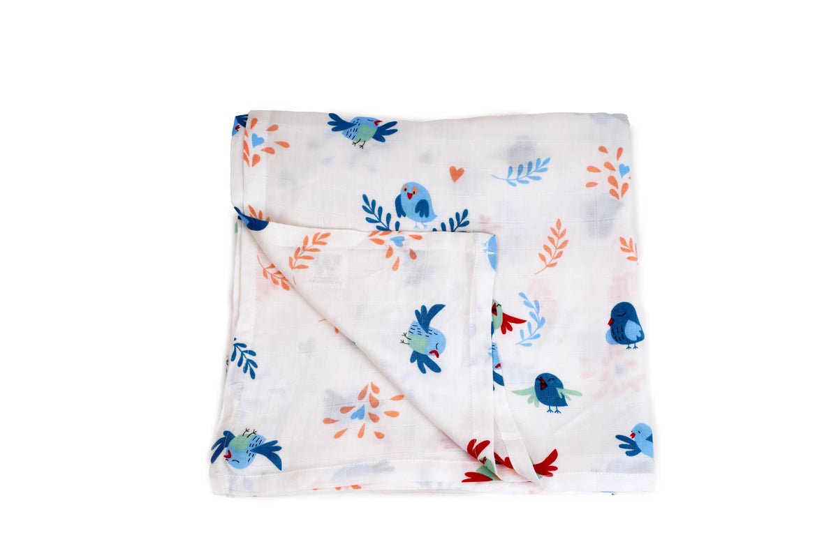 Cuddle up in Chirpy Bird Print And Feather Print Bamboo Swaddle
