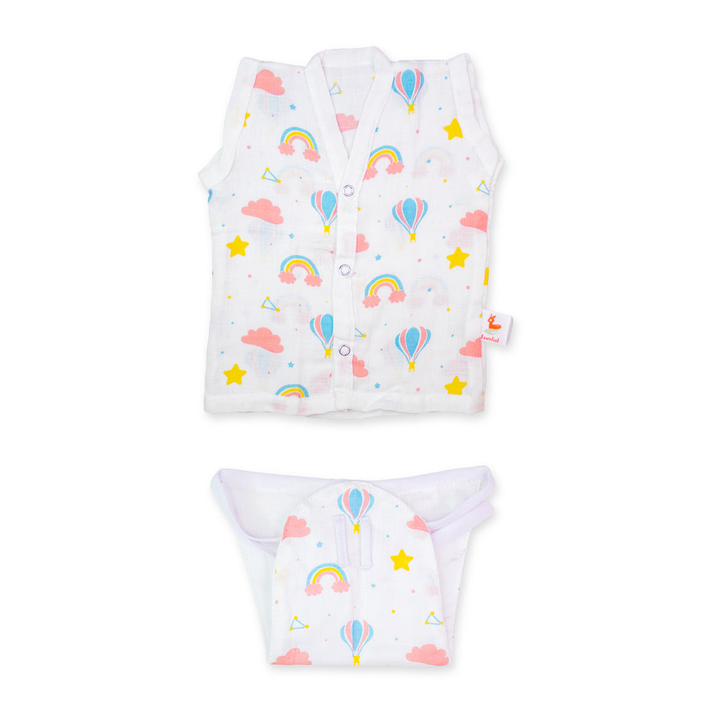 Set of Cat & Moon Print, Rainbow Print & Balloon Print Jhabla & Nappy (Set of 3)