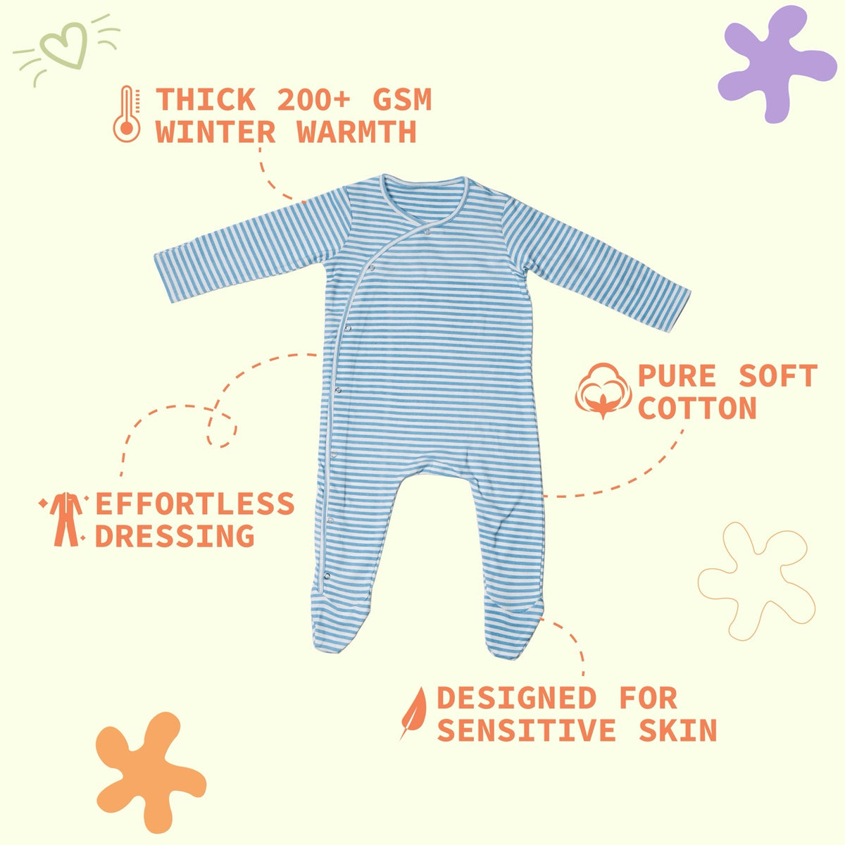 Premium cotton full sleeve Sleepsuit / Romper for boys / girls - Blue stripes