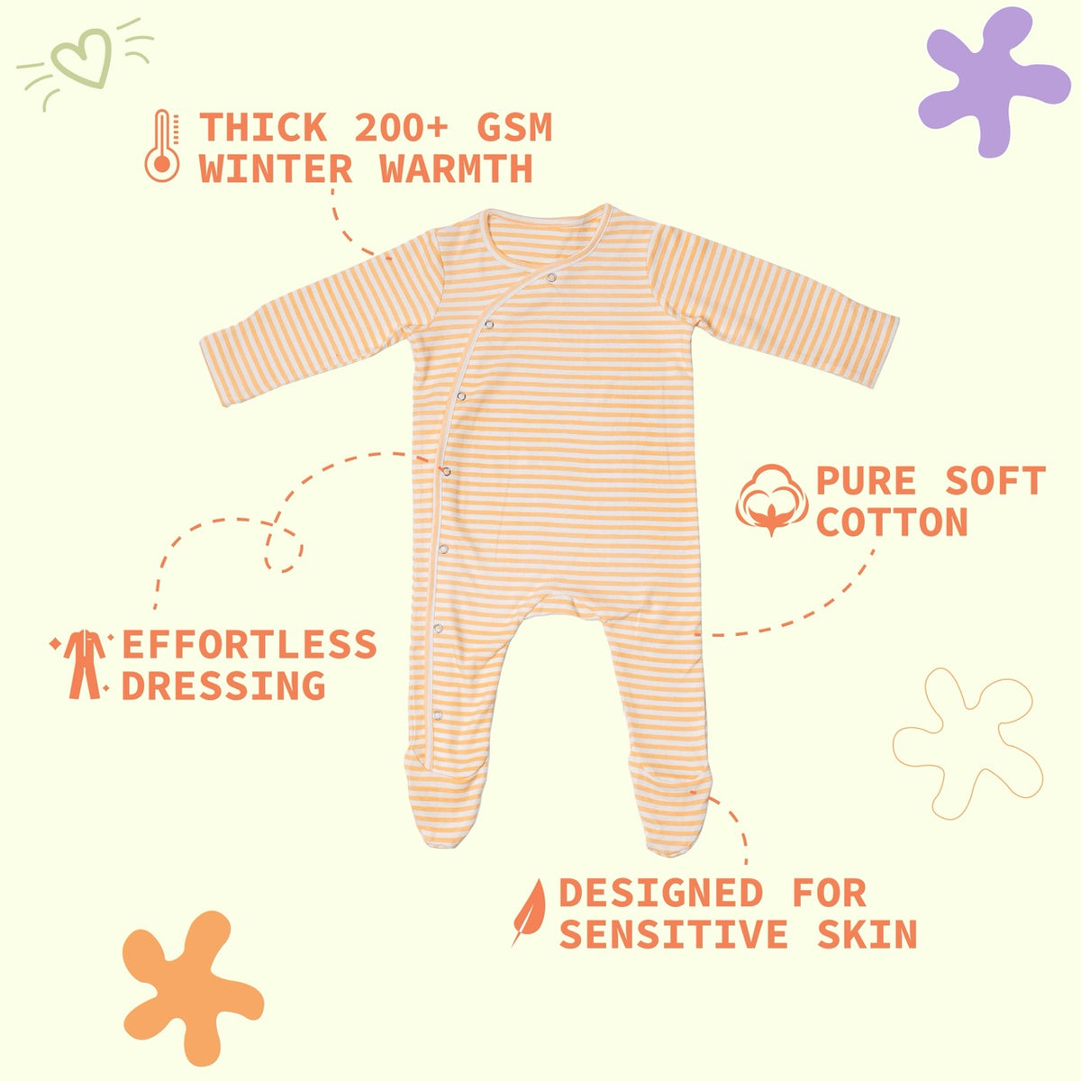 Premium cotton full sleeve Sleepsuit / Romper for boys / girls - Peach stripes