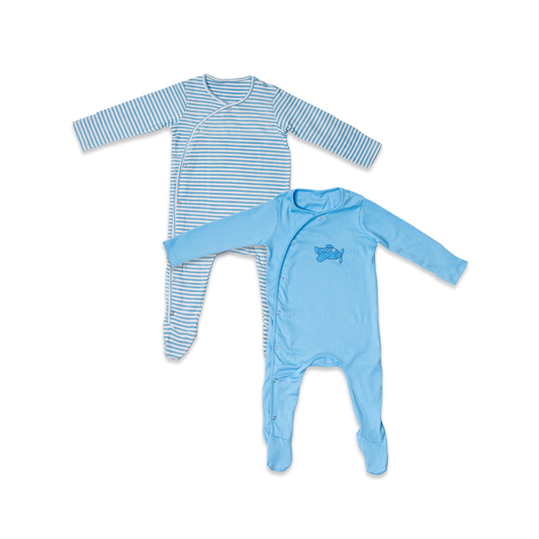 Combination of 2 - Rompers Blue stripes and Blue solids with Areoplane print
