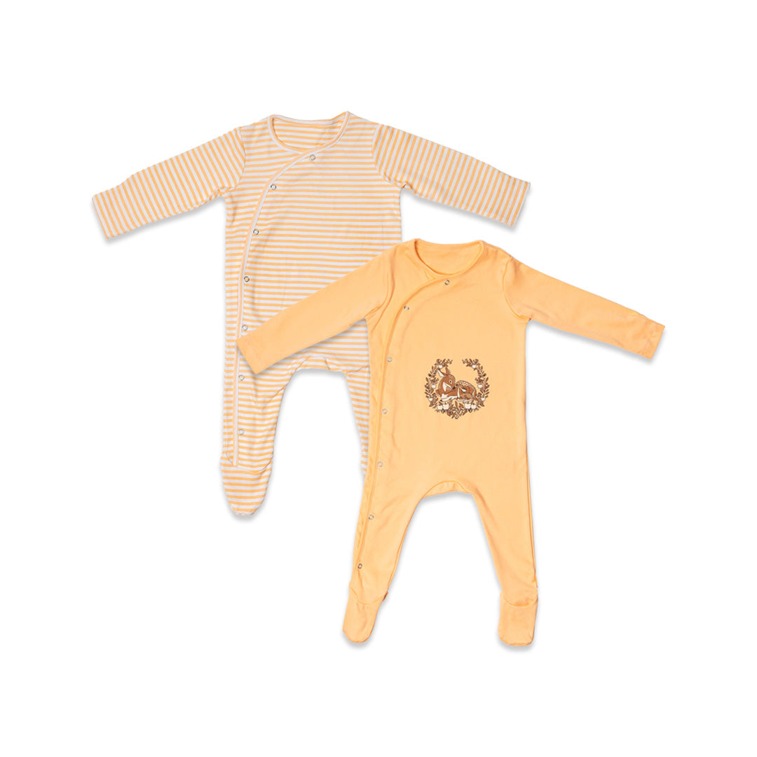 Combination of 2 - Rompers Peach stripes and Peach solids with Deer print