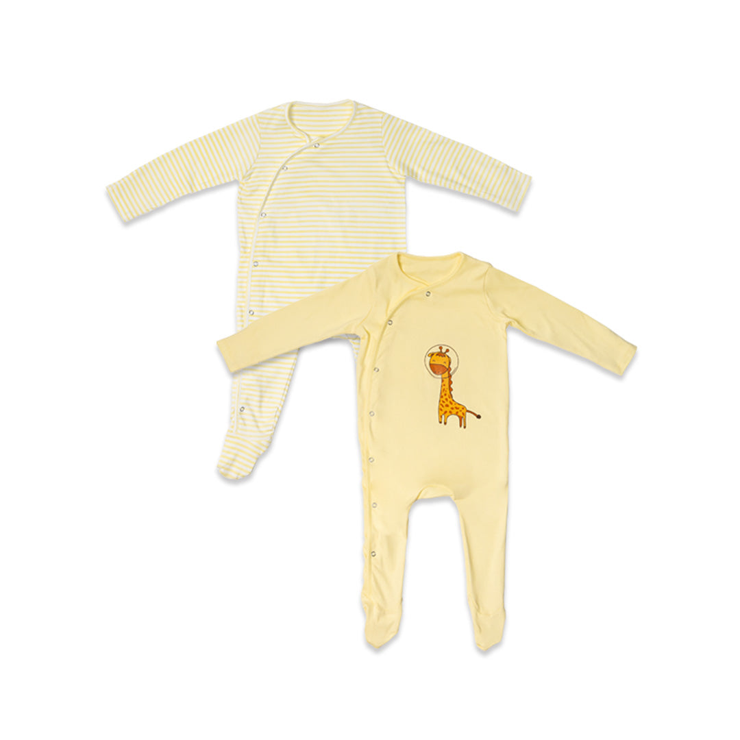 Combination of 2 - Rompers Yellow stripes and Yellow solids with Giraffe print