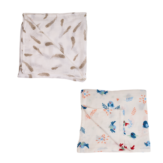 Cuddle up in Chirpy Bird Print And Feather Print Bamboo Swaddle