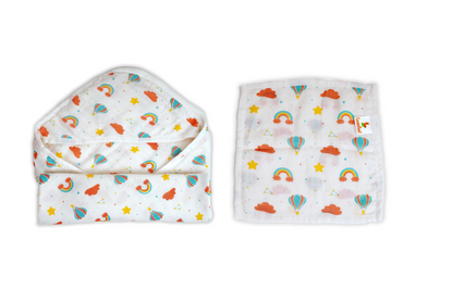 Combination of Rainbow Print Bamboo Hooded Towel And Square Wash Cloth