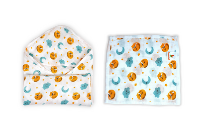 Combination of Cat And Moon Print Bamboo Hooded Towel And Square Wash Cloth