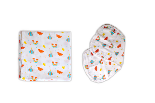 Combination of Rainbow Print Bamboo Swaddle And Curved Burp Cloth