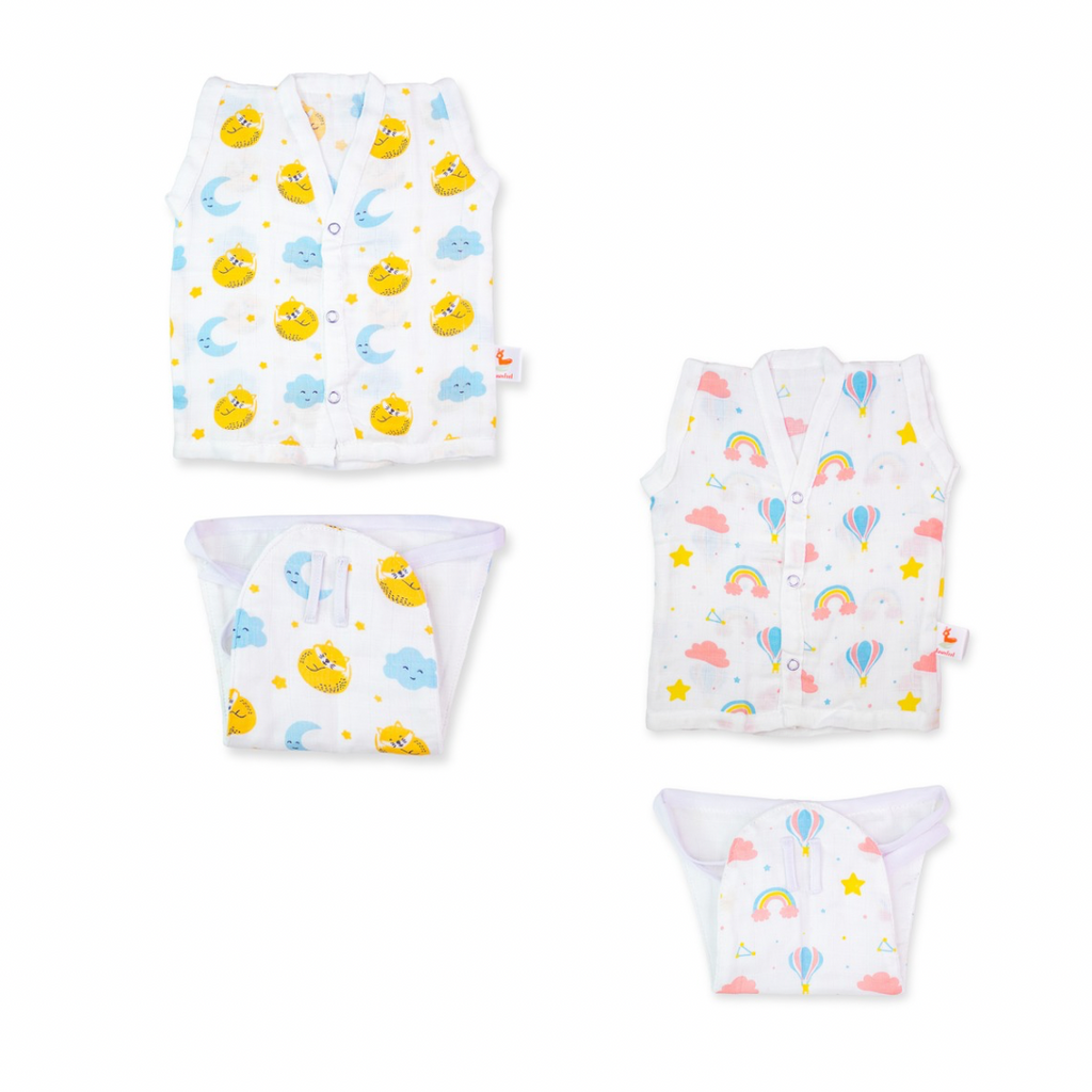 Set of Cat & Moon Print & Rainbow Print Jhabla & Nappy (Set of 2)