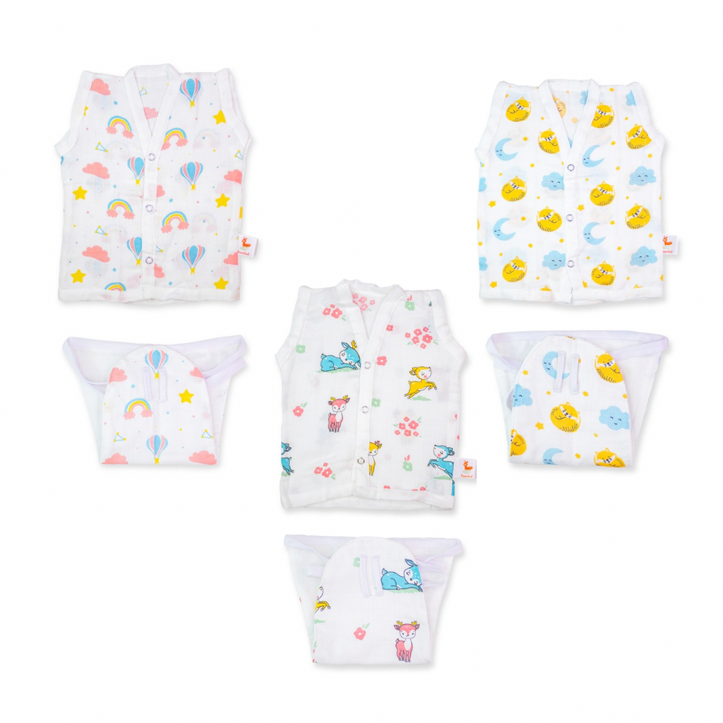 Set of Cat & Moon Print, Rainbow Print & Fawn Print Jhabla & Nappy (Set of 3)
