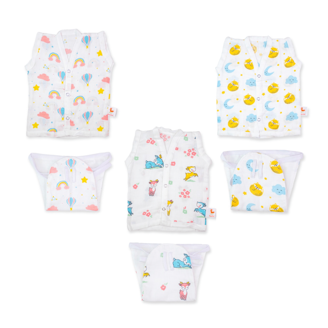 Set of Cat & Moon Print, Rainbow Print & Fawn Print Jhabla & Nappy (Set of 3)