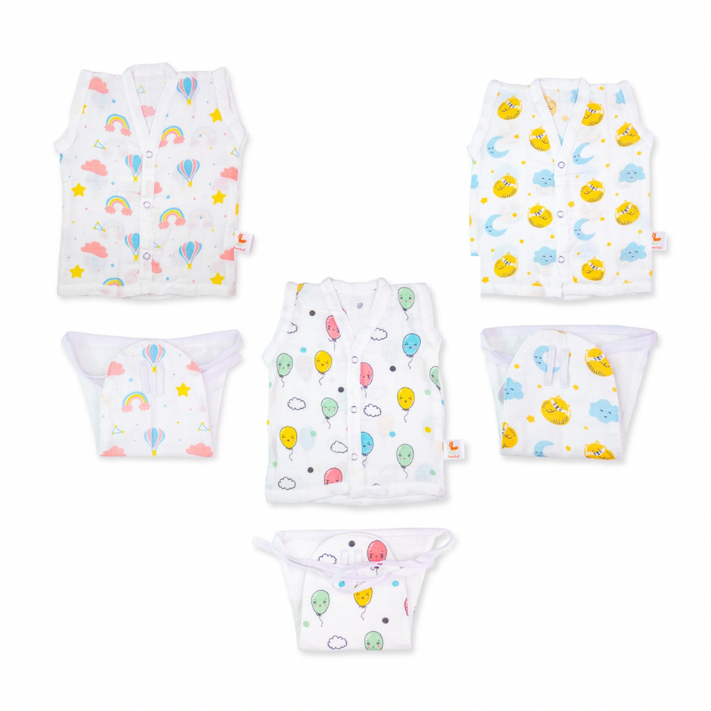 Set of Cat & Moon Print, Rainbow Print & Balloon Print Jhabla & Nappy (Set of 3)