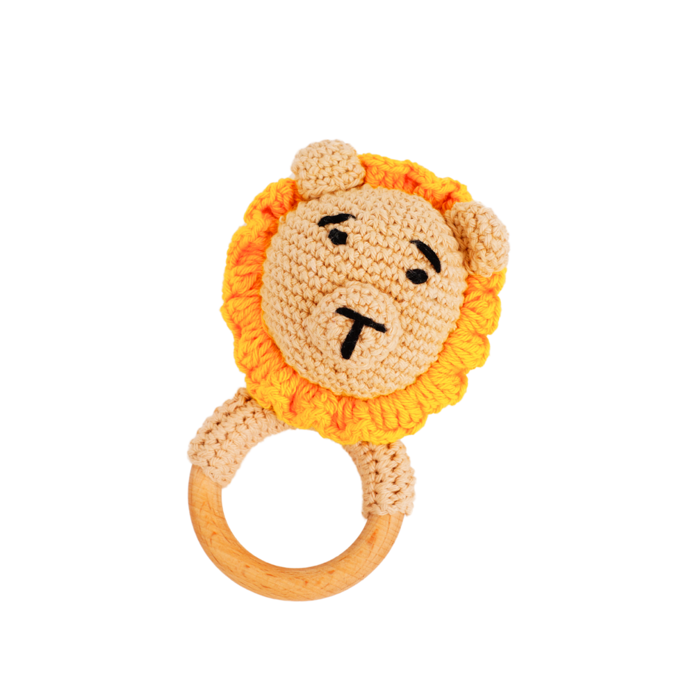 Lion Face Soft Amigurumi Rattle With Circular Wooden Handle