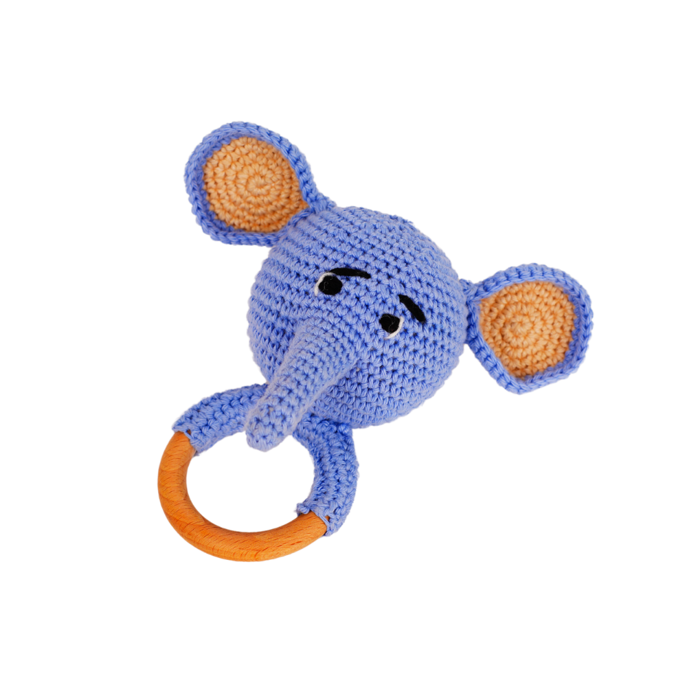 Elephant Face Amigurumi Rattle With Wooden Handle