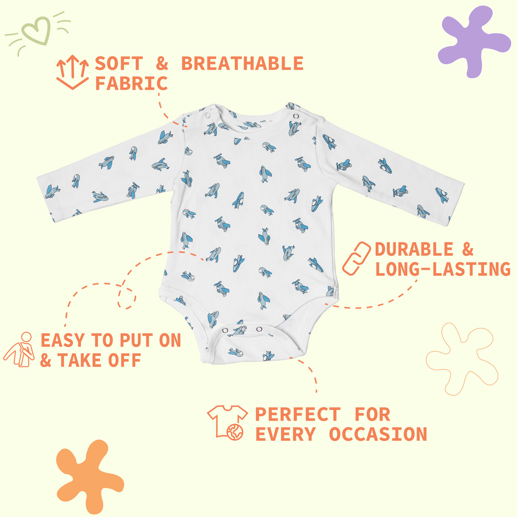 Combination of 3 - Onesies all over Aeroplane print, Blue stripes and Blue solids