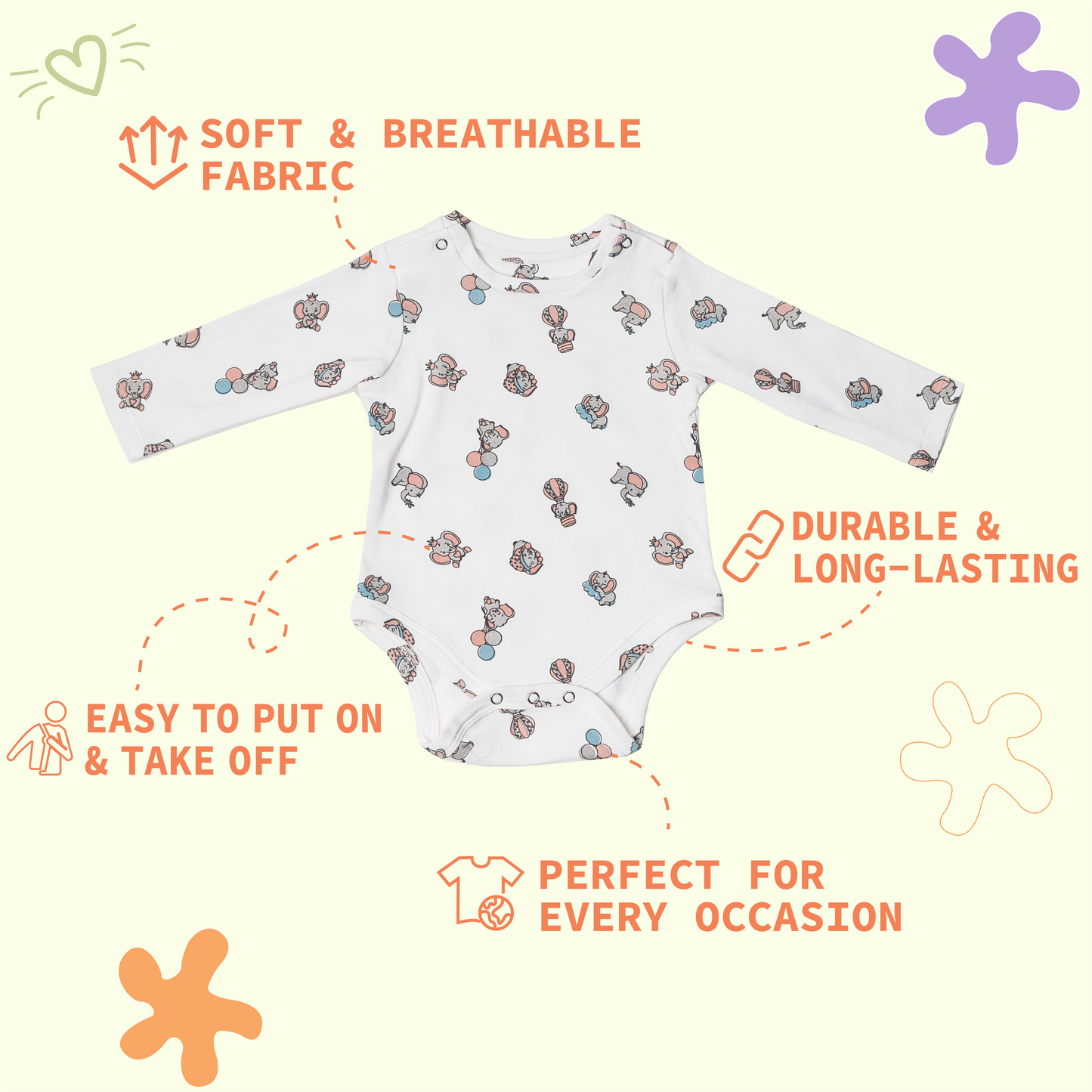 Premium cotton full sleeve Onesie / Bodysuit for boys / girls - Elephant print