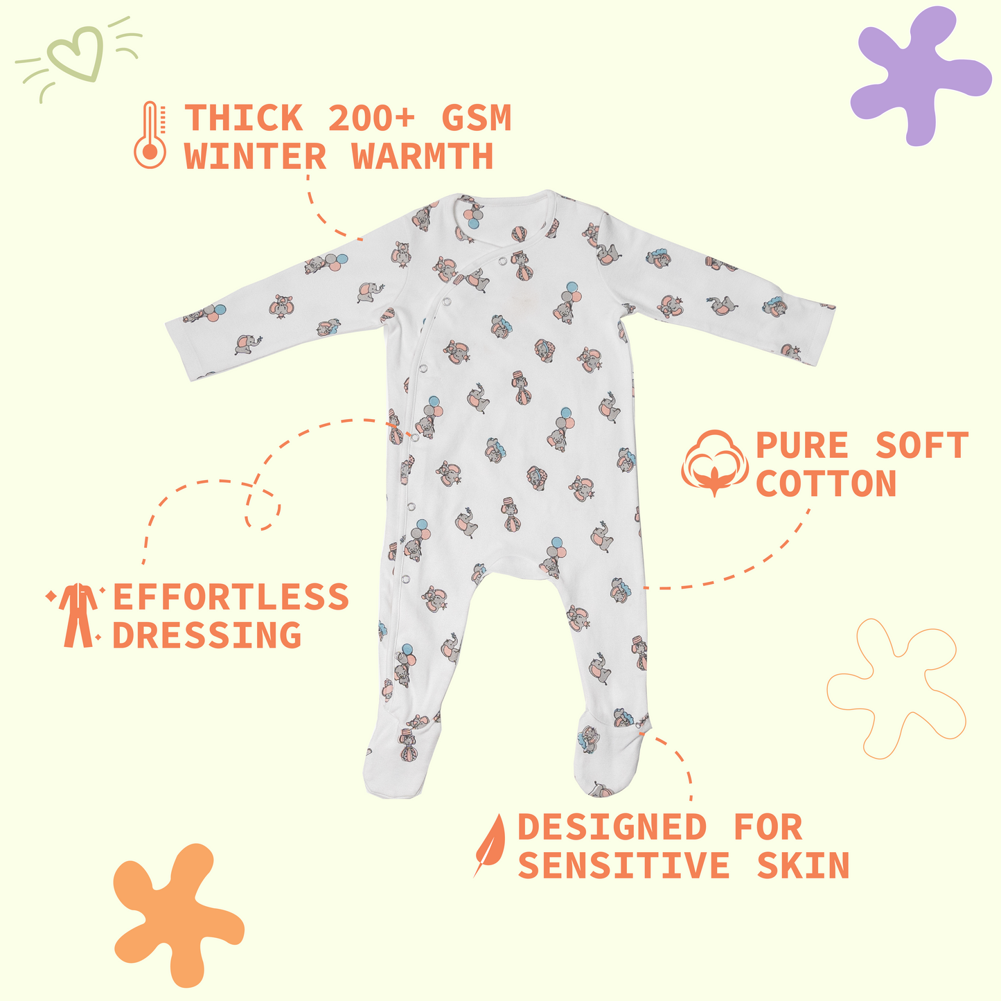 Premium cotton full sleeve Sleepsuit/ Romper for boys / girls - All over Elephant print