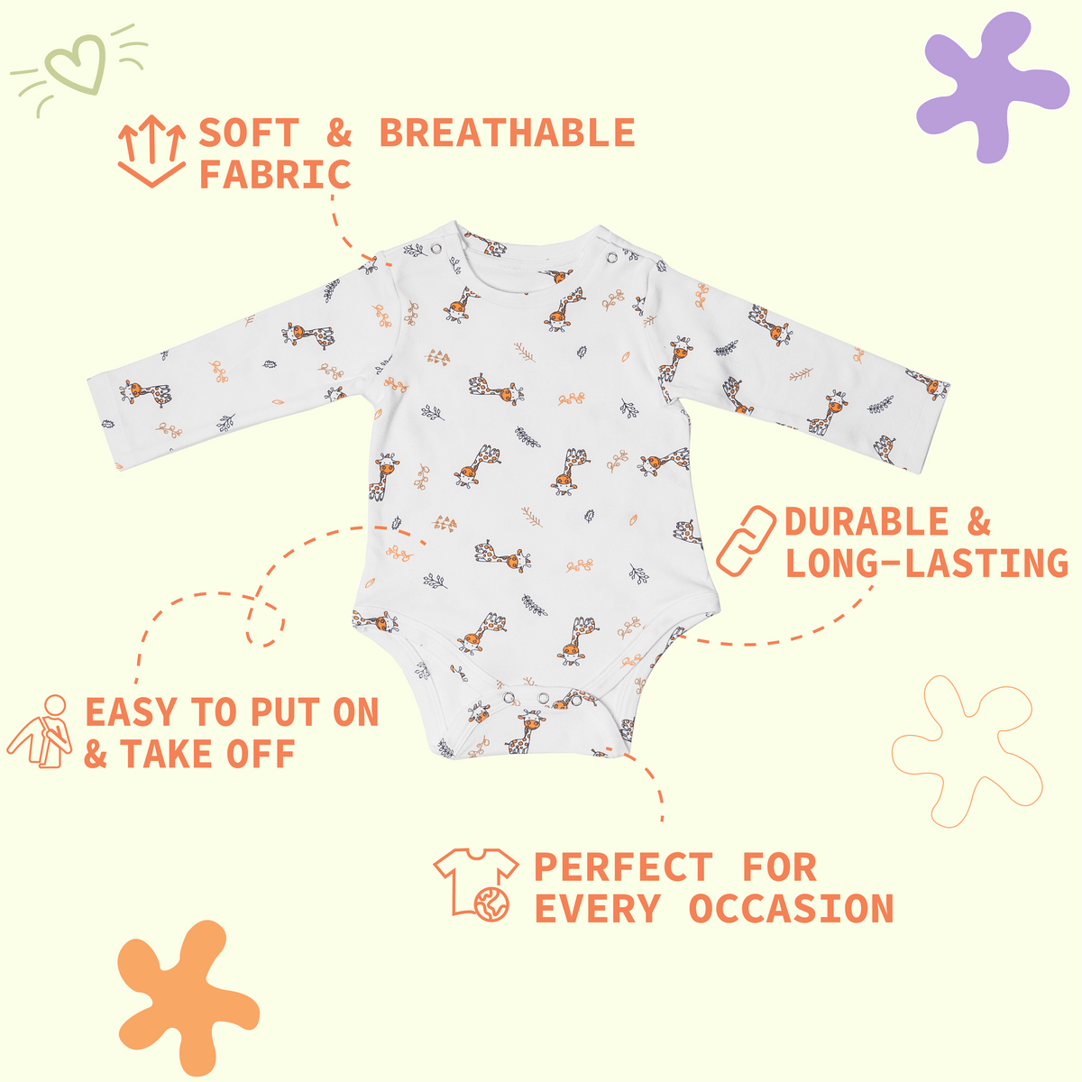 Combination of 3 - Onesies all over Giraffe print, Yellow stripes and Yellow solids