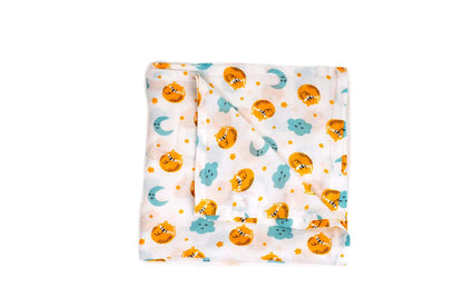 Combination of Cat And Moon Print Bamboo Swaddle And Curved Burp Cloth