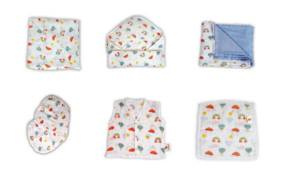 Combination Of Rainbow Print Bamboo Swaddle, Hooded Towel, Blankets, Jhabala, Square Wash Cloth, Curved Burp Cloth (Pack of 6)