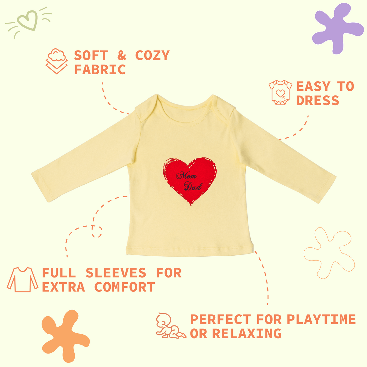 Combination of 3 - T-shirts Grey solids with Elephant print, Yellow solids with Heart print and Peach solids with Panda print