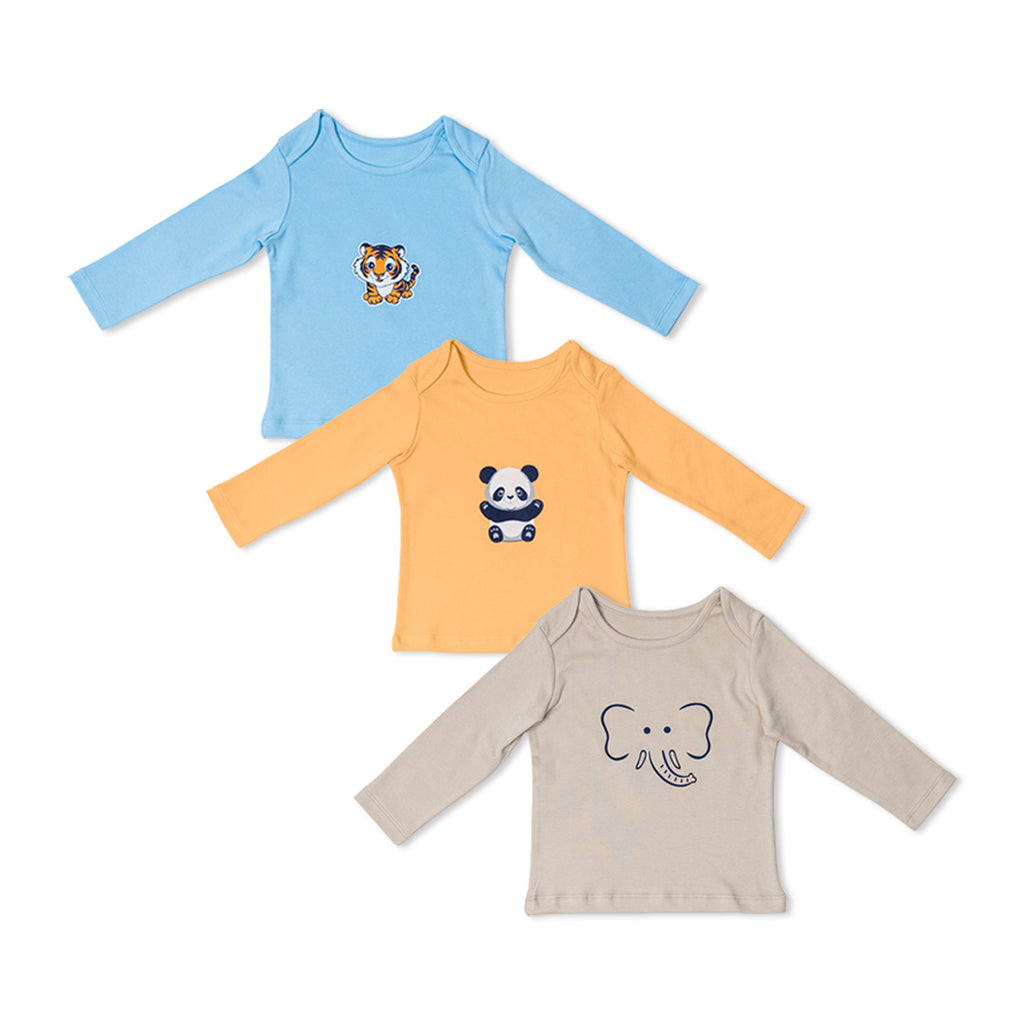 Combination of 3 - T-shirts Blue solids with Tiger print, Peach solids with Panda print and Grey solids with Elephant print