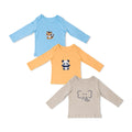 Combination of 3 - T-shirts Blue solids with Tiger print, Peach solids with Panda print and Grey solids with Elephant print