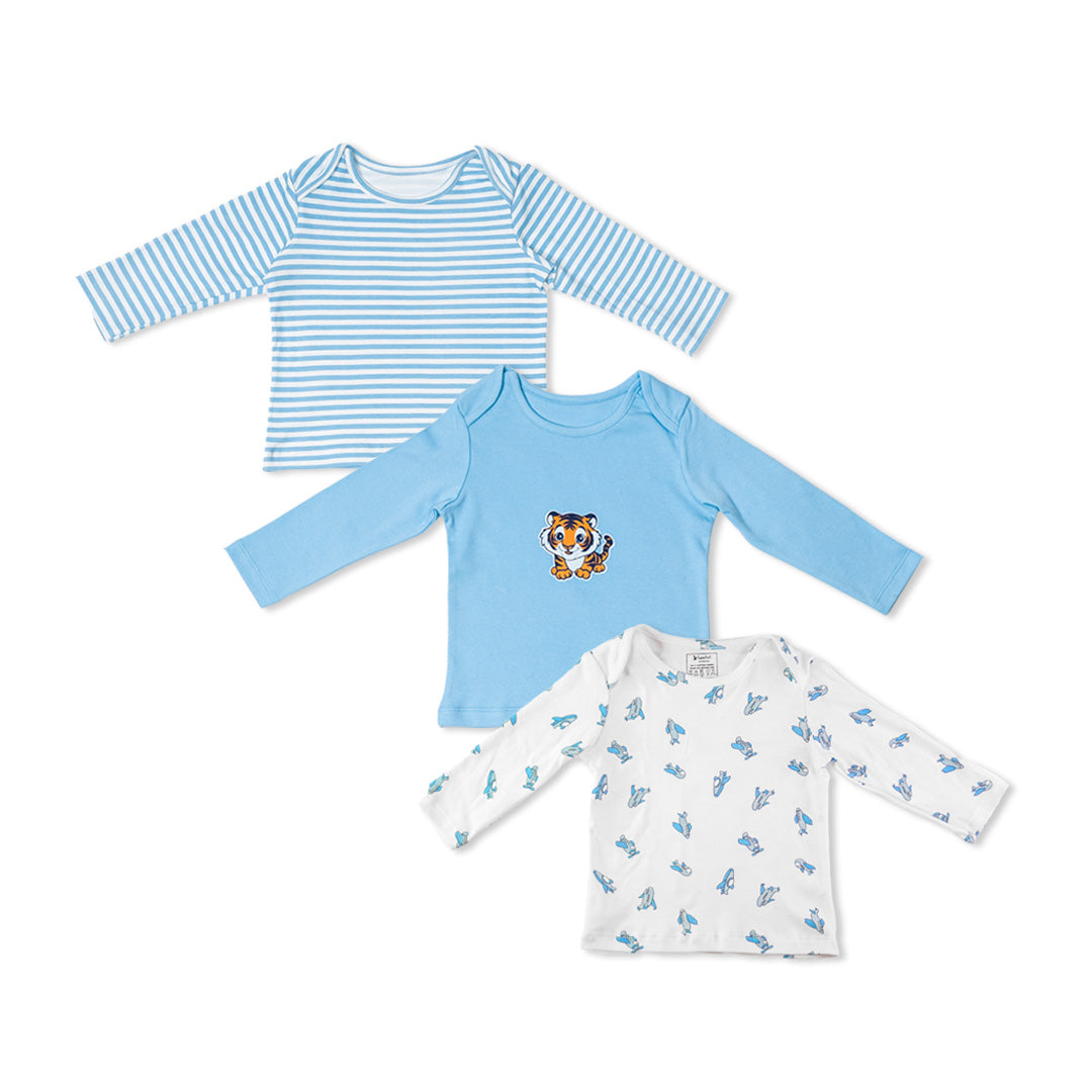 Combination of 3 - T-shirts Blue stripe, Blue solids with Tiger print and all over Aeroplane print