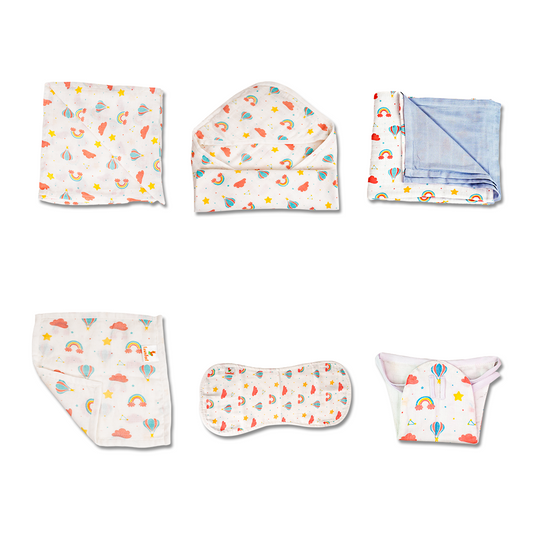 Combination Of Rainbow Print Bamboo Swaddle, Hooded Towel, Blankets, Nappy, Square Wash Cloth, Curved Burp Cloth (Pack of 6)