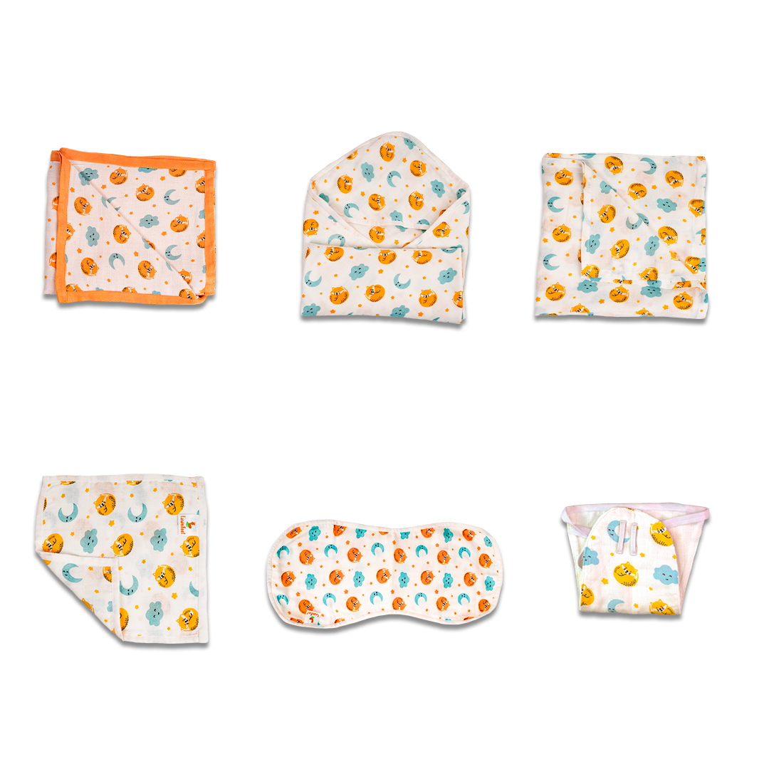 Combination Of Cat And Moon Print Bamboo Swaddle, Hooded Towel, Blankets, Nappy, Square Wash Cloth, Curved Burp Cloth (Pack of 6)