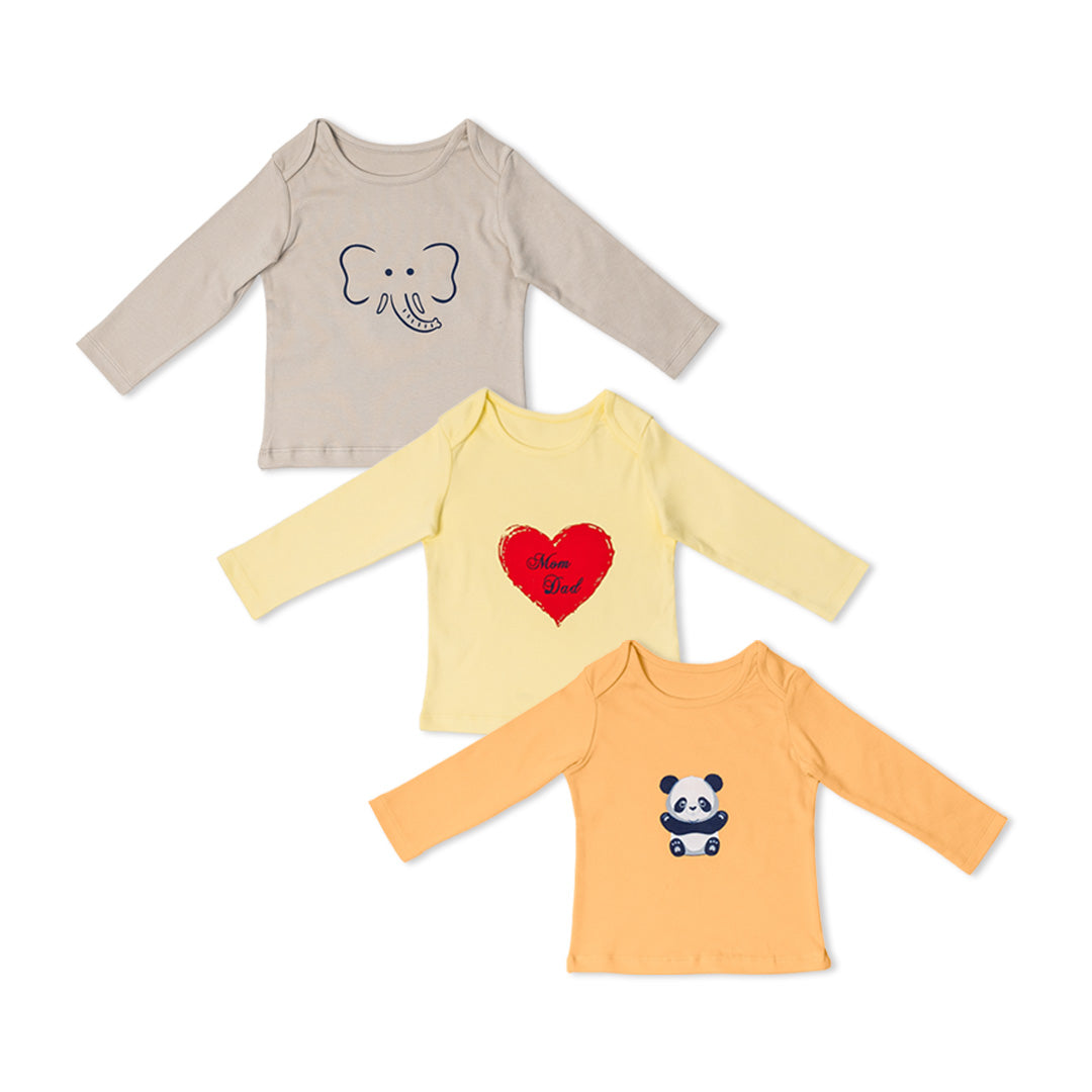 Combination of 3 - T-shirts Grey solids with Elephant print, Yellow solids with Heart print and Peach solids with Panda print
