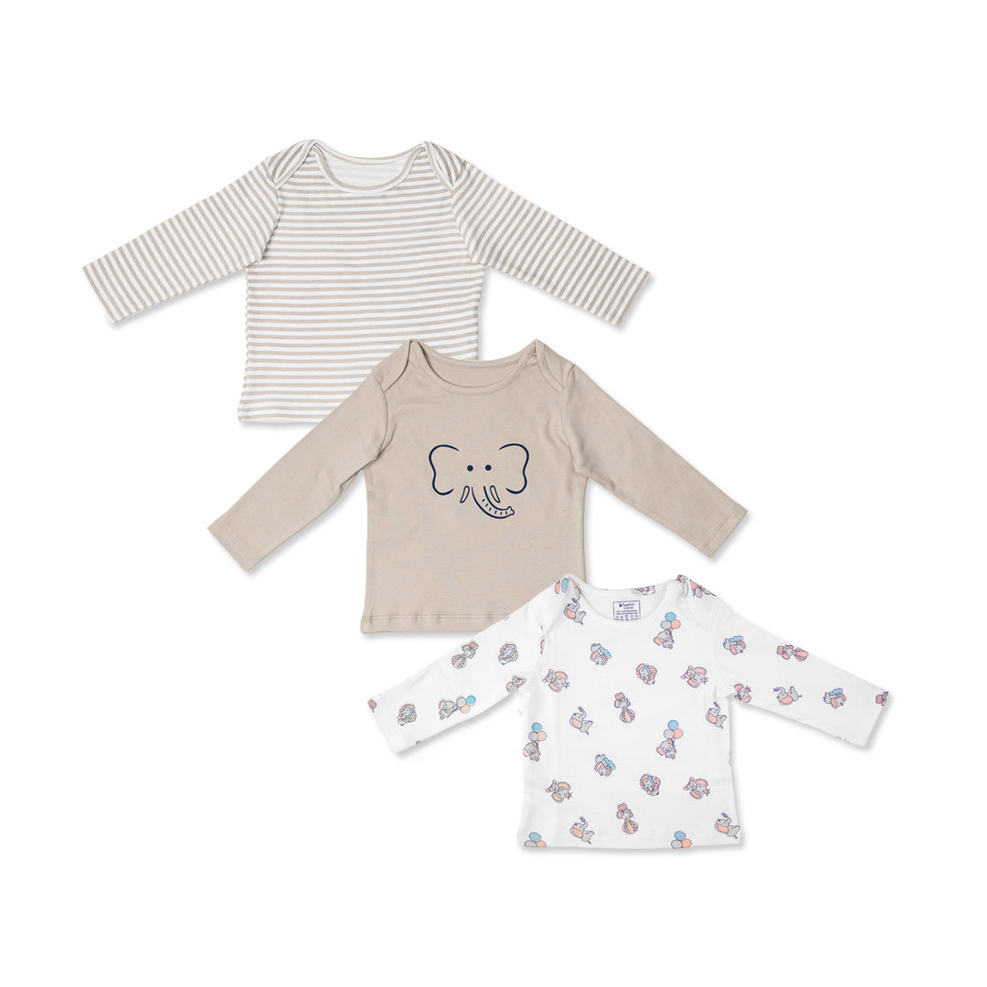 Combination of 3 - T-shirts Grey stripes, Grey solids with Elephant print and all over Elephant print