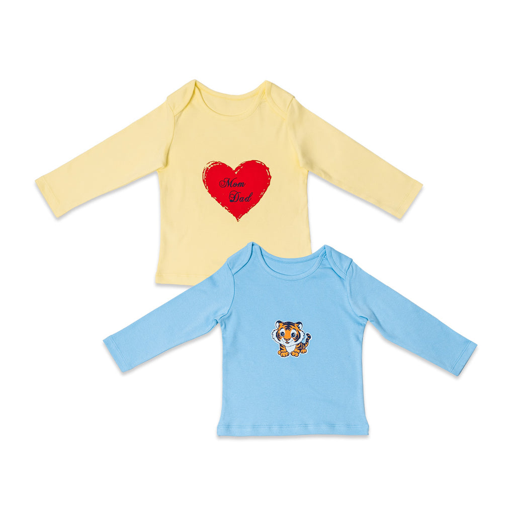 Combination of 2 - T-shirts Yellow solids with Heart print and Blue solids with Tiger print