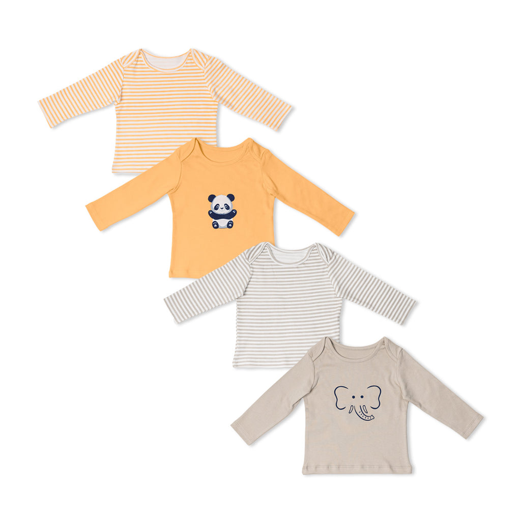 Combination of 4 - T-shirts Peach stripes, Peach solids with Panda print, Grey stripes, Grey solids with Elephant print