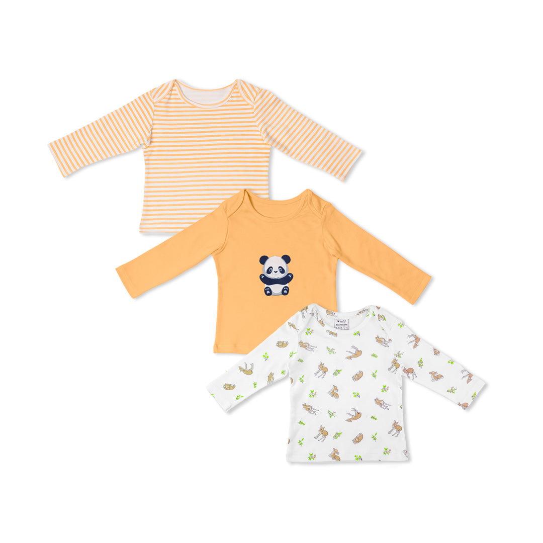 Combination of 3 - T-shirts Peach stripes, Peach solids with Panda print and all over Deer print
