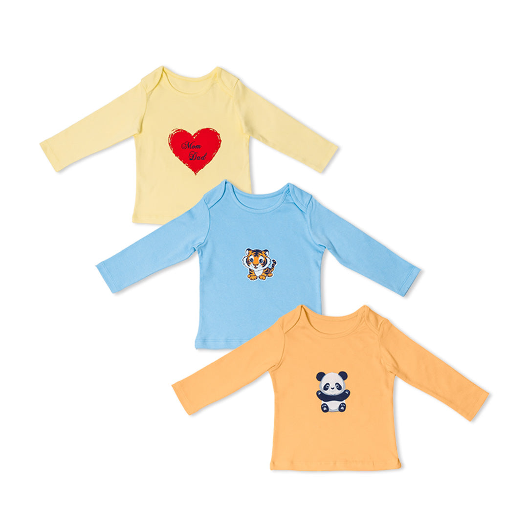 Combination of 3 - T-shirts Yellow solids with Heart print, Blue solids with Tiger print and Peach solids with Panda print