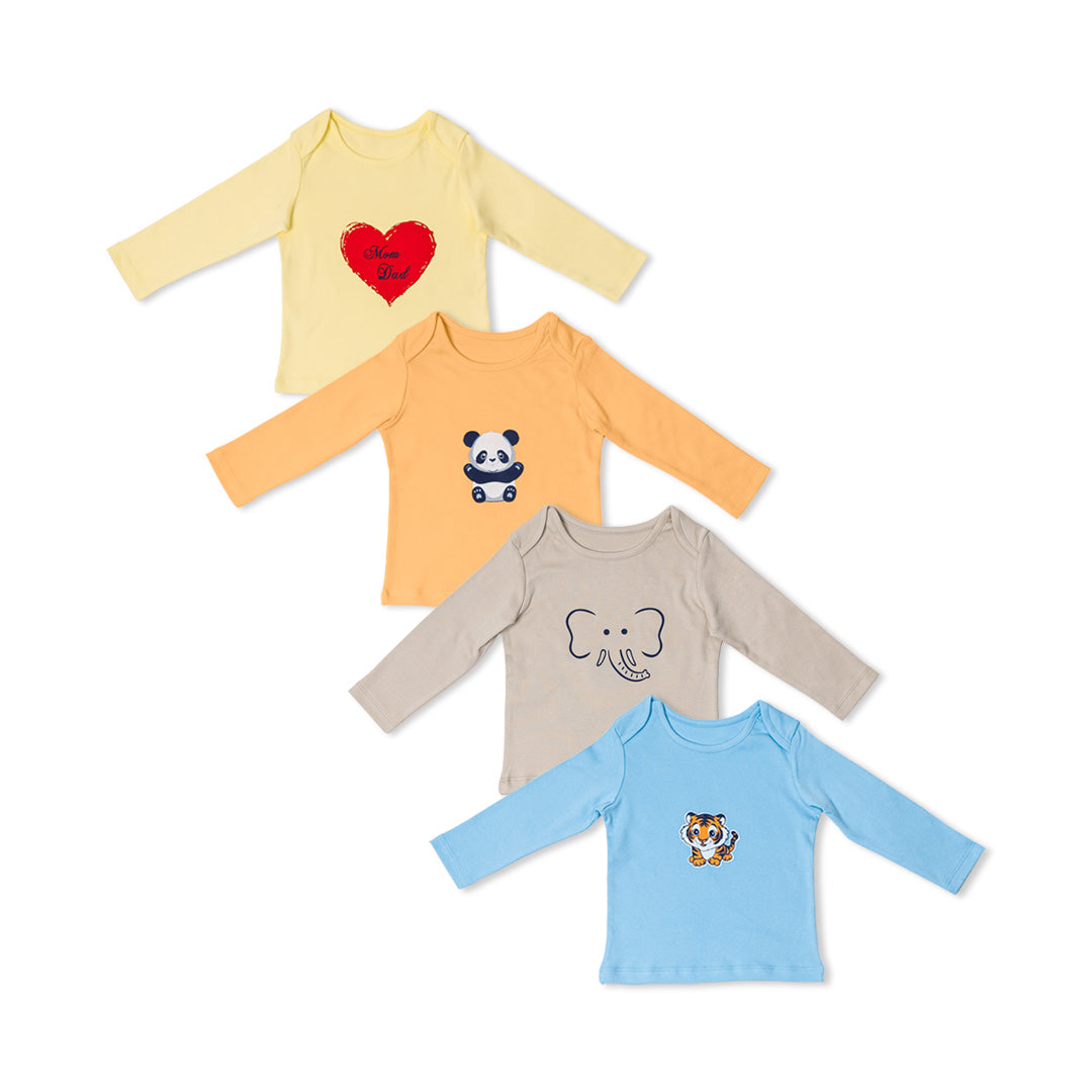 Combination of 4 - T-shirts Blue solids with Tiger print, Grey solids with Elephant print, Peach solids with Panda print, Yellow solids with Heart print