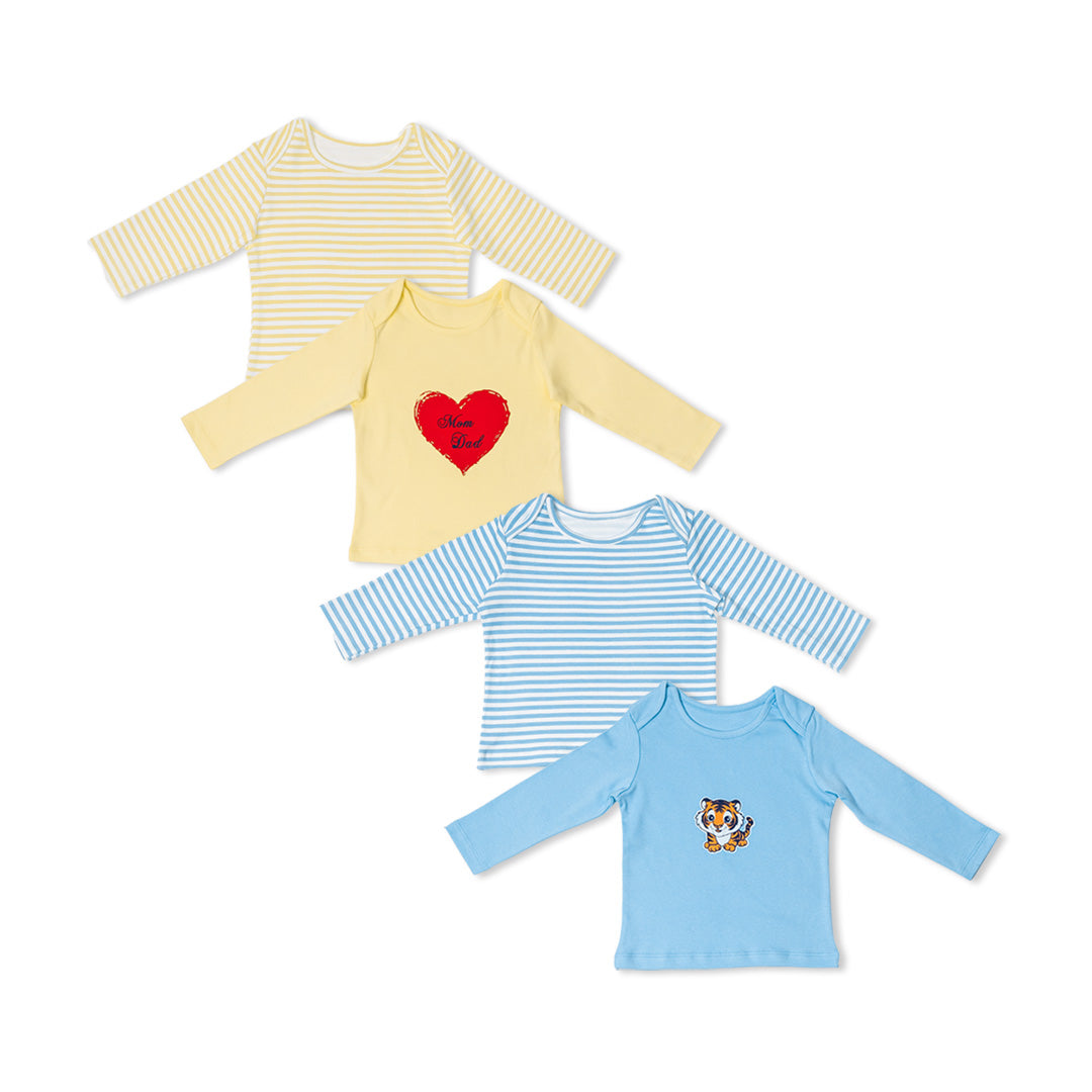 Combination of 4 - T-shirts Yellow stripes, Yellow solids with Heart print, Blue stripes, Blue solids with Tiger print