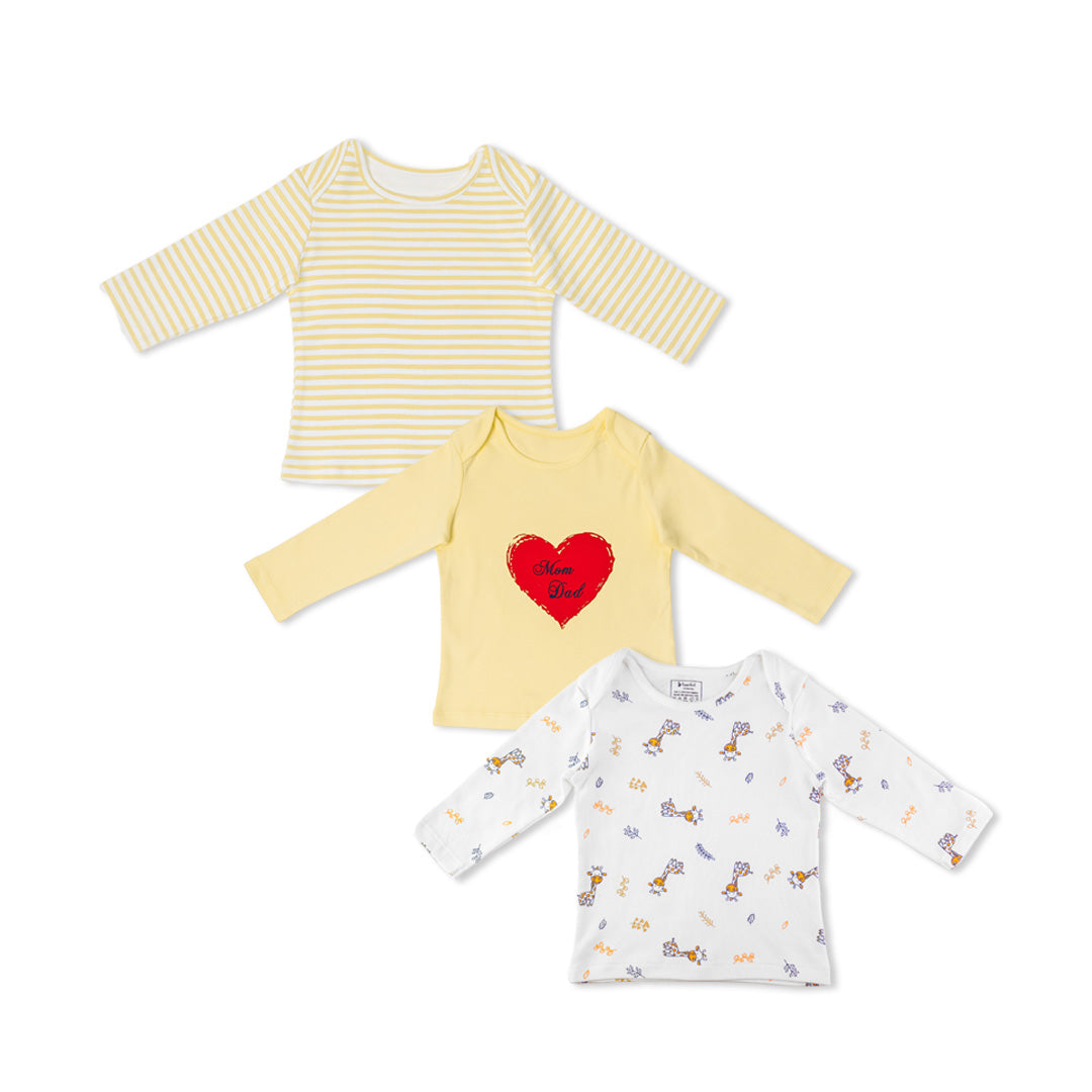Combination of 3 - T-shirts Yellow stripes, Yellow solids with Heart print and all over Giraffe print